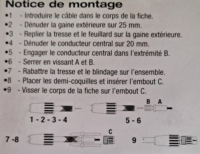 Ensemble de 2 fiches coaxiales 1 fiche mâle 9,52 mm + 1 fiche femelle 9,52 mm